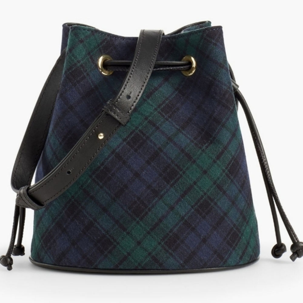 Talbots Plaid Cotton Leather Trim Bucket Back Dark Macadamia
